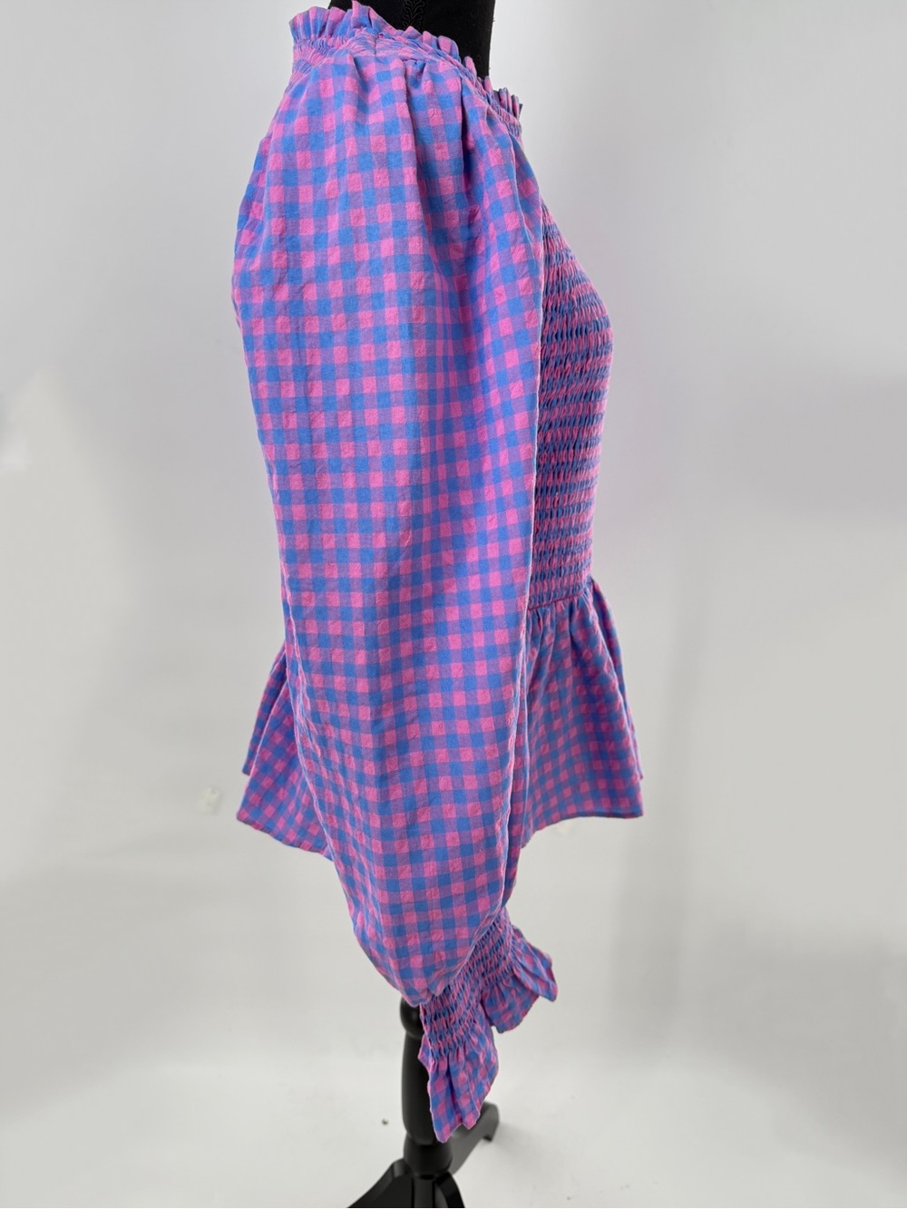 Hyacinth House Ruby Blouse Gingham Smocked Peplum Ruffle Blouse Blue Pink Size M - Picture 8 of 16